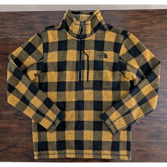 The North Face Gordon Lyons 1/4 Zip Fleece Pullover Mens L Yellow Buffalo Plaid - Picture 1 of 12